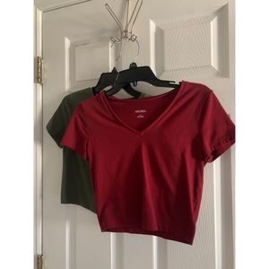 Short Sleeve Red and Green Crop Tops